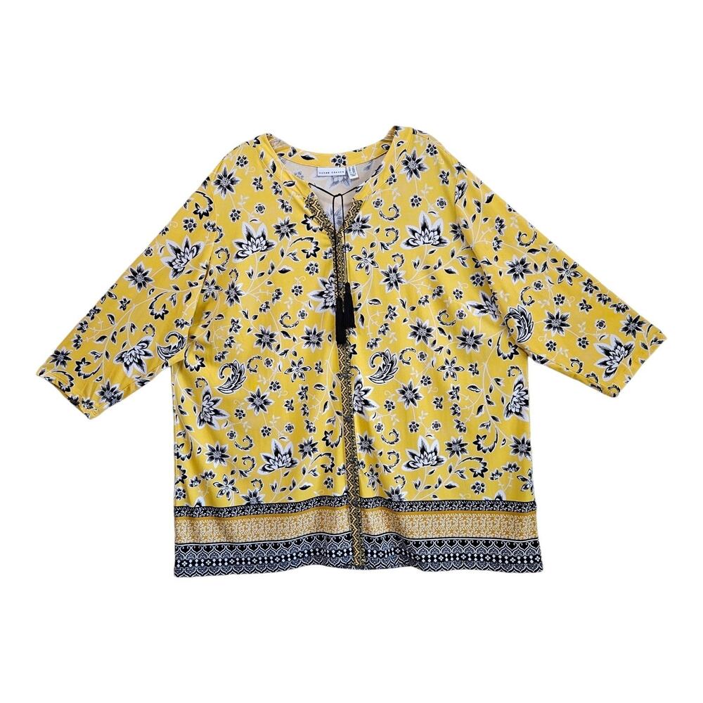 Susan Graver Plus 2X Tunic Blouse Yellow Black Button Up Tassel Tie Cottage 54"